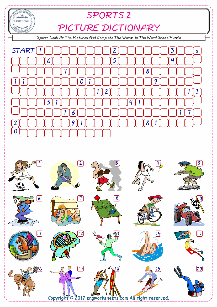  Check the Illustrations of Sports english worksheets for kids, and Supply the Missing Words in the Word Snake Puzzle ESL play. 